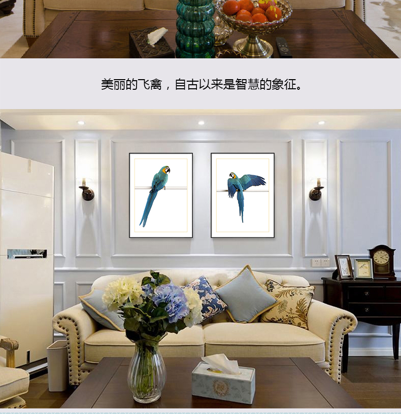 歐式輕奢動(dòng)物組合掛畫 臥室餐廳裝飾畫晶瓷畫  純手繪油畫 金剛鸚鵡