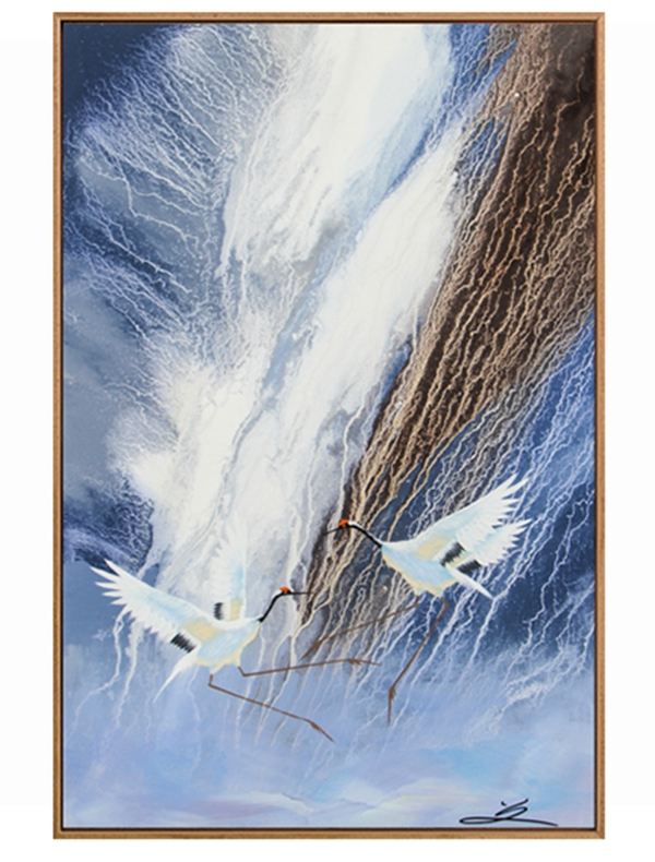 新中式抽象客廳裝飾畫 餐廳原創(chuàng)純手繪畫 玄關環(huán)保PS框掛畫 仙鶴