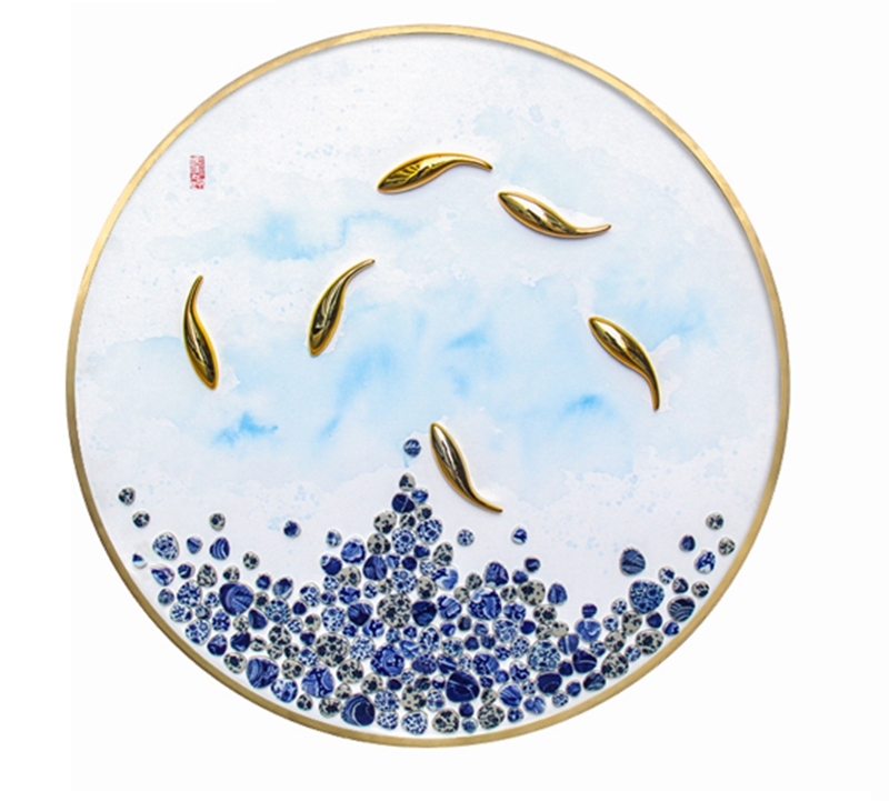 中式客廳裝飾畫 臥室實(shí)物畫 玄關(guān)不銹鋼金屬圓框掛畫 魚