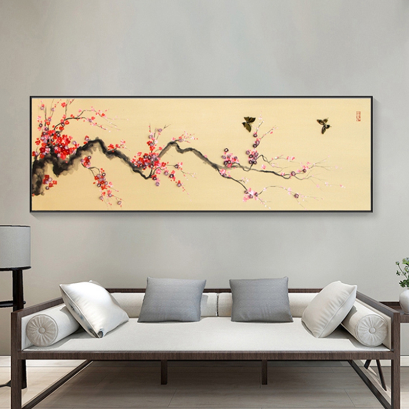 新中式客廳裝飾畫 臥室原創(chuàng)實(shí)物畫 玄關(guān)環(huán)保PS框掛畫 紅梅花兒開