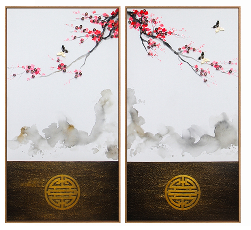 新中式客廳裝飾畫 臥室原創(chuàng)純手繪報春圖 玄關(guān)環(huán)保PS框掛畫 報春圖