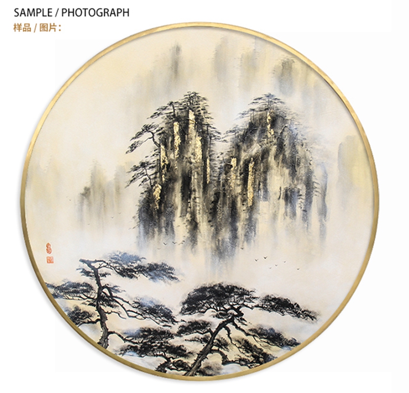 新中式客廳裝飾畫 書房原創(chuàng)純手繪畫 臥室不銹鋼金屬圓框掛畫 迎客松